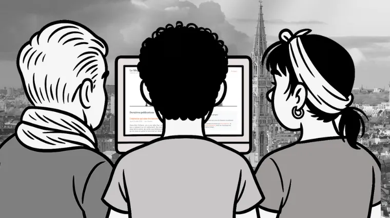 Dessin représentant Arno, Pierre et Céline devant le blog que vous lisez